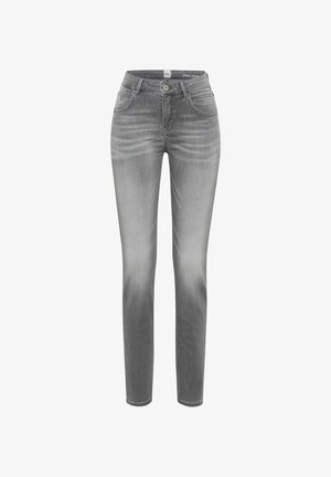 Graue Skinny-Jeans aus Denim mit hoher Taille, ausgestattet mit einem Knopfverschluss, Vordertaschen und einem ausgewaschenen Look für ein getragenes Erscheinungsbild.