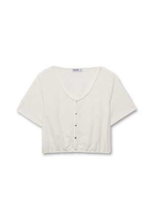 Top corto blanco con mangas cortas, escote redondeado, tejido texturizado y cinco botones circulares en la parte delantera. Dobladillo con elastano.