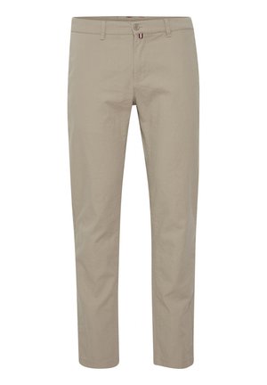 Beige katoenen chino's met een rechte pasvorm, met een knoopsluiting, riemlussen en subtiel textiel. Geen zichtbare patronen of accenten.