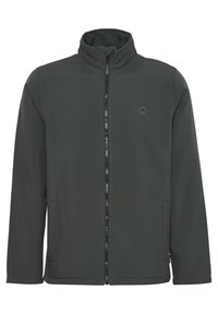 Dark green softshell jacket with a high collar, front zipper, side pockets, and a small logo on the left chest. Smooth texture.