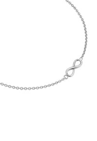 Sidabrinė grandinėlė su begalybės simboliu kaip centru, lygaus dizaino ir švelniu grandinėlės tekstūra visame perimetre.