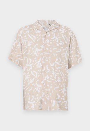 Beige Kurzarmhemd mit einem weißen abstrakten Blumenmuster. Hergestellt aus leichtem Stoff, mit einem lockeren Schnitt und Druckknöpfen.