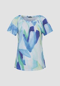 Floral print blouse featuring short sleeves, a round neckline, and shades of blue and green in a soft, lightweight fabric.