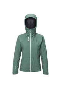 Veste imperméable verte avec capuche, dotée d'une fermeture éclair sur le devant, de poignets ajustables et d'un branding discret sur la poitrine et la manche.