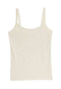 Lichtbeige tanktop met dunne, golvende schouderbandjes. Zachte textuur en aansluitend ontwerp, met een ronde halslijn en een nette zoom.