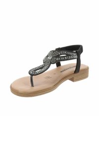 Sandalia plana negra tipo thong con decoración de strass, suela plana y correa ajustable. Presenta una plantilla color beige y un diseño minimalista.
