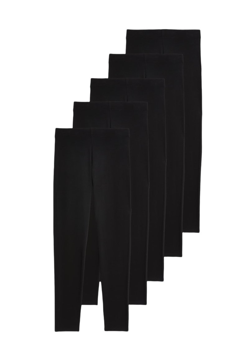 Set van zes zwarte leggings, gemaakt van rekbare stof, met een gladde textuur, aansluitend ontwerp en zonder zichtbare patronen of versieringen.