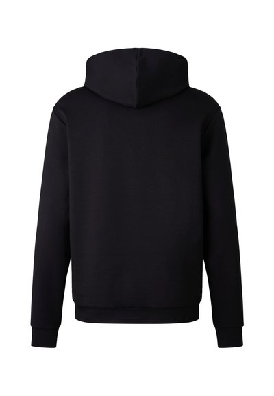 Black hooded sweatshirt with long sleeves, ribbed cuffs and hem, smooth texture, and a minimalist design. Back view shown.