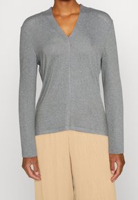 Grå långärmad V-ringad topp gjord av ett mjukt, texturerat tyg, med en enkel design och en något längre bakre fållen.