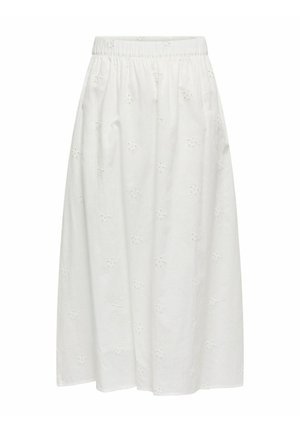 Falda larga de algodón blanca con cintura elástica, con patrones florales bordados a lo largo y una textura suave y lisa.