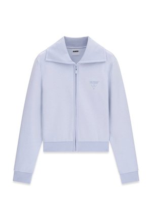 Light blue zip-up jacket with long sleeves, wide collar, ribbed cuffs and hem, and small embroidered Guess logo on the left chest.