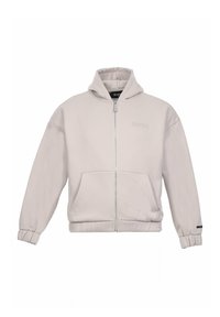 Lys grå zip-hoodie lavet af blødt stof, med en frontkangaroo lomme og ribbede manchetter. Præget logo på brystet.