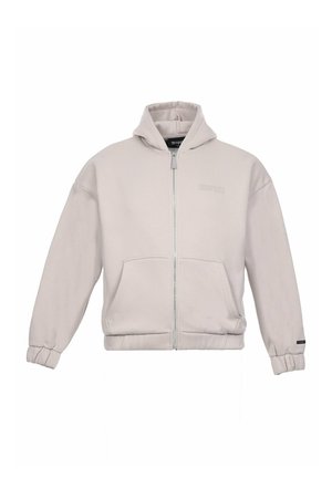 Helles graues Zip-Hoodie aus weichem Stoff, mit einer vorderen Kängurutasche und gerippten Bündchen. Prägierte Logoplatte auf der Brust.