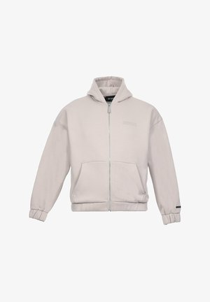 Lys grå zip-up hettegenser laget av myk stoff, med en front kangaroo-lomme og ribbede mansjetter. Hevet logo på brystet.
