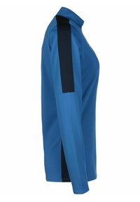 Langärmliges Polohemd in Blau mit schwarzen Seitenstreifen. Aus glattem Stoff gefertigt, mit einem Kragen und Seitenschlitzen am Saum.