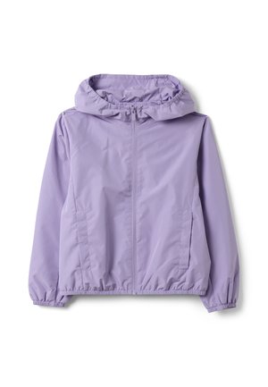 Hellviolette Kapuzenjacke mit durchgehendem Frontreißverschluss, elastischen Bündchen und Saum sowie zwei Seitentaschen, flach auf weißem Hintergrund ausgelegt.