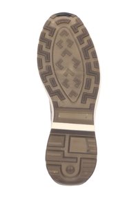 Gummisohle mit einem Zickzackprofil, strukturierten Oberflächen und beige-schattierten Akzenten. Verfügt über rechteckige und ovale Formen für besseren Halt.