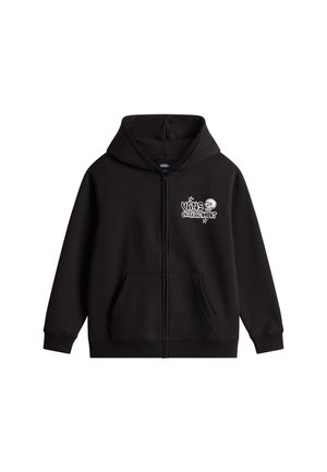 Musta vetoketjullinen huppari, valmistettu puuvillasekoitekankaasta. Siinä on etupuolella logopainatus, kengurun taskut ja pehmeä, teksturoitu pinta.