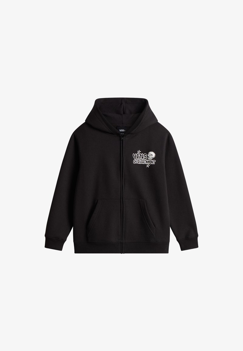 Sudadera con capucha negra con cremallera, hecha de una mezcla de algodón, con un logo impreso en el frente, bolsillos tipo canguro y un acabado suave y texturizado.
