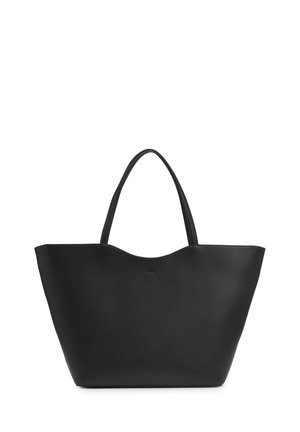 Sac fourre-tout en cuir noir avec double bandoulière et un bord supérieur légèrement incurvé, conçu pour un usage quotidien et un transport spacieux.