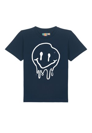 Dunkelblaue Baumwoll-T-Shirt mit einem großen, weißen, tropfenden Smiley-Gesicht-Graphic in der Mitte. Kurzärmlig und mit Rundhalsausschnitt.