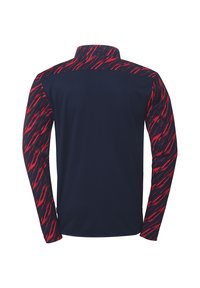 Langærmet pullover, marineblå krop med røde mønstrede ærmer, kravefri design, lavet af letvægts, åndbart stof.