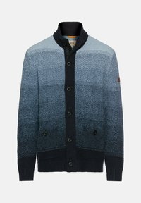 Marineblauer und hellblauer Strickcardigan mit einem Farbverlauf-Textur, hohem Kragen und vier schwarzen Knöpfen, ausgestattet mit gerippten Bündchen und Saum.