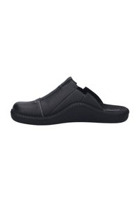 Black leather slip-on shoe featuring a textured upper, curved wedge sole, and contrasting white stitching along the seams.