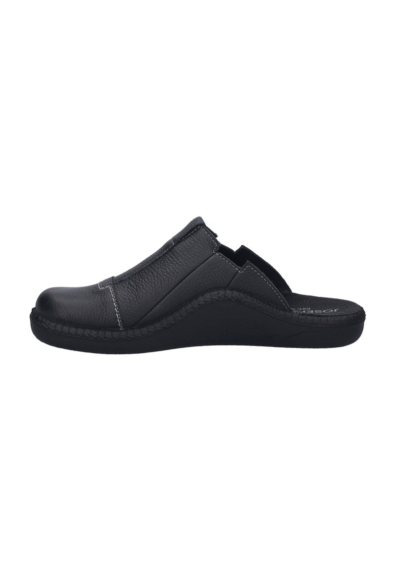 Black leather slip-on shoe featuring a textured upper, curved wedge sole, and contrasting white stitching along the seams.