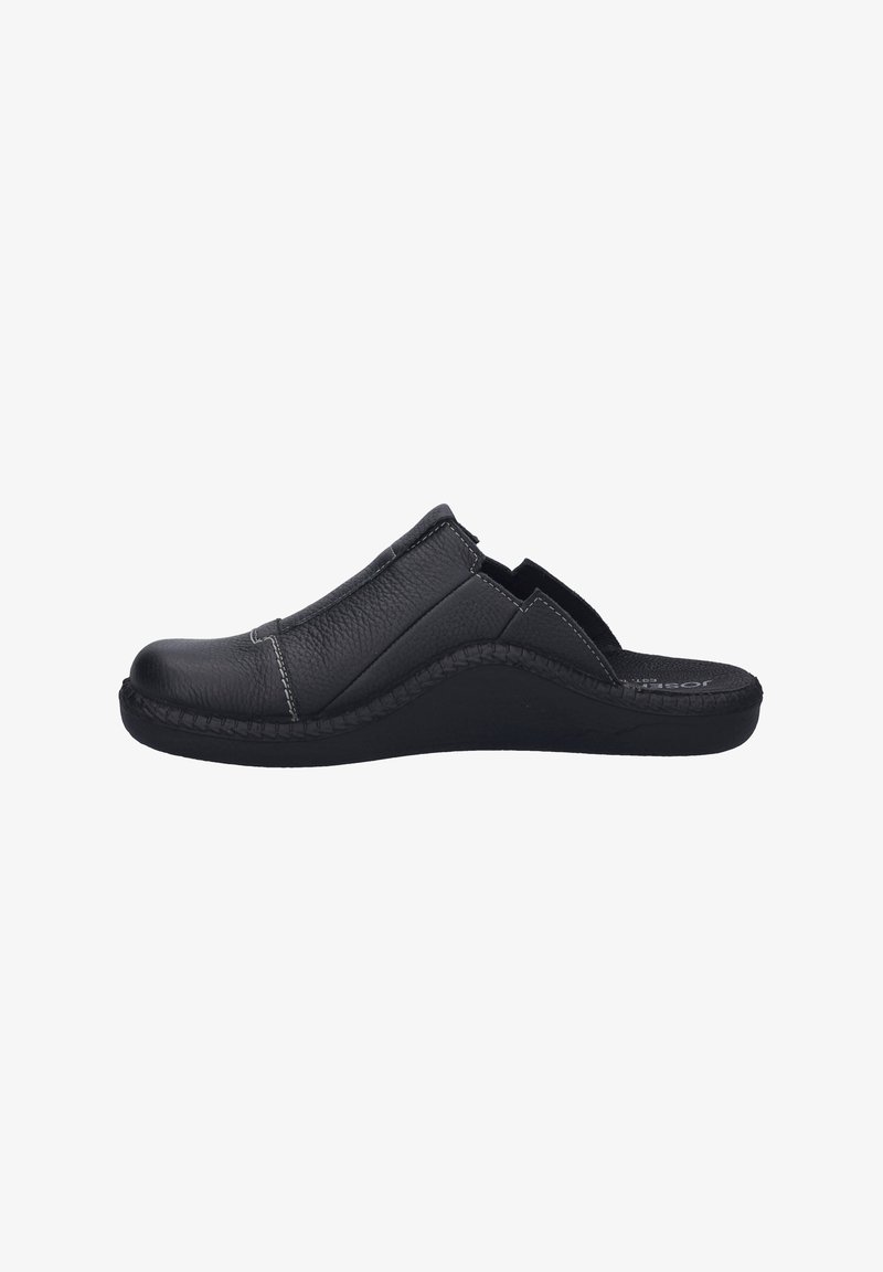 Black leather slip-on shoe featuring a textured upper, curved wedge sole, and contrasting white stitching along the seams.