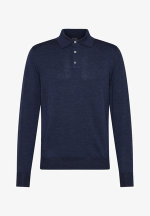 Navy long-sleeve polo shirt in soft fabric, featuring a button placket, a classic collar, and ribbed cuffs. Smooth texture with no patterns.