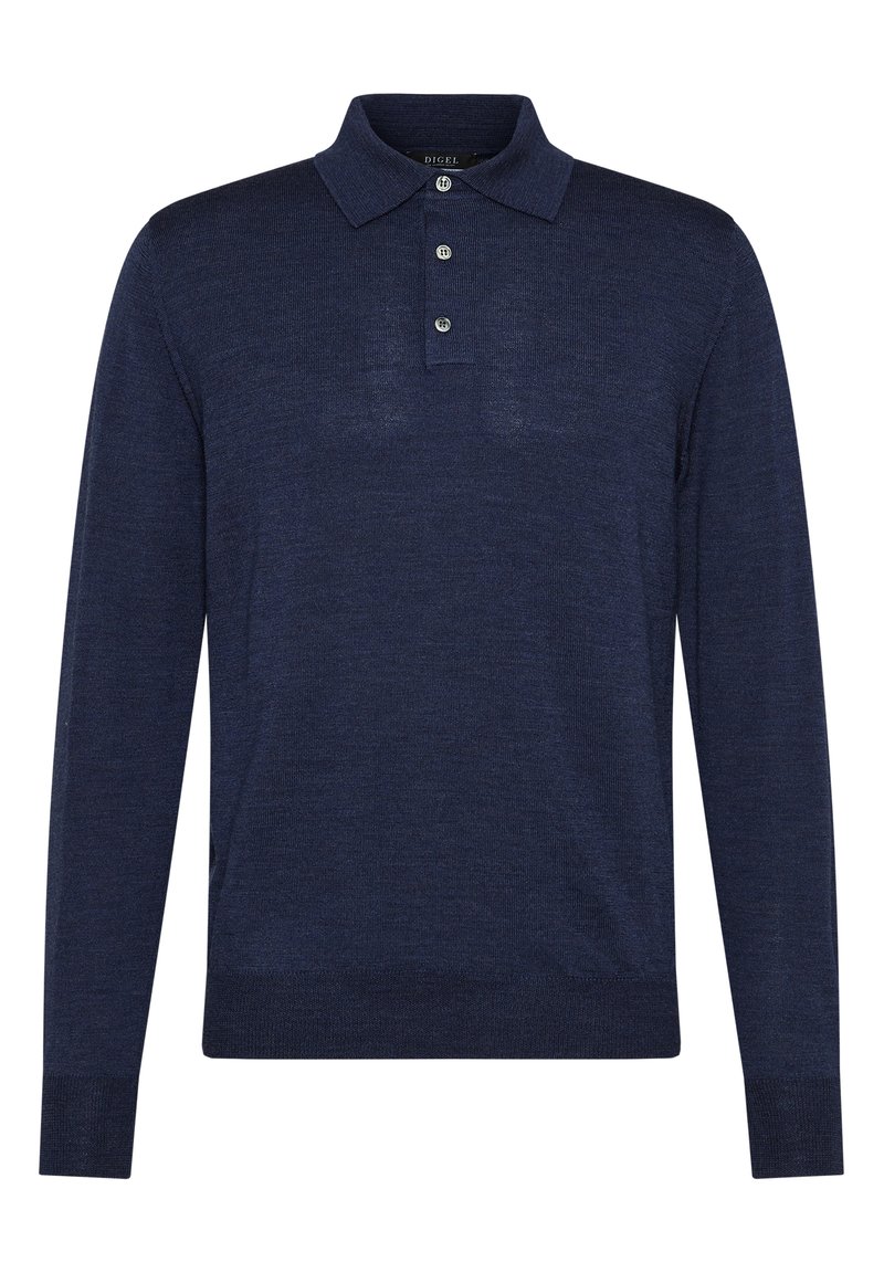 Marineblaue Langarm-Polohemden aus weichem Stoff, mit einer Knopfleiste, einem klassischen Kragen und gerippten Bündchen. Glatte Textur ohne Muster.