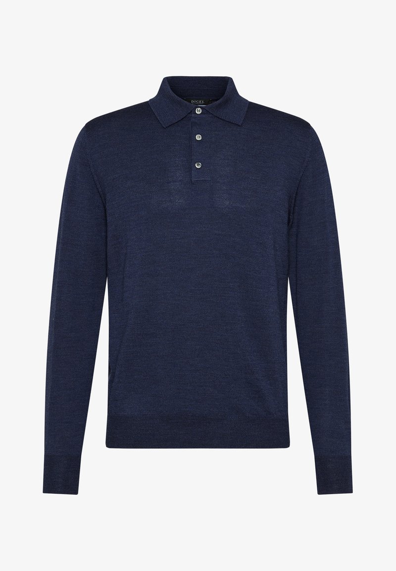 Marineblaue Langarm-Polohemden aus weichem Stoff, mit einer Knopfleiste, einem klassischen Kragen und gerippten Bündchen. Glatte Textur ohne Muster.