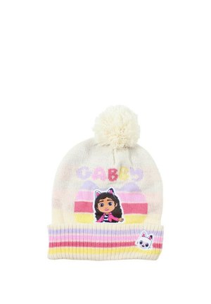 Bonnet en tricot crème avec pompon, bordure rayée pastel, dessin animé d'une fille avec des oreilles de chat, et petite patch blanche en forme de visage de chat sur la bordure.