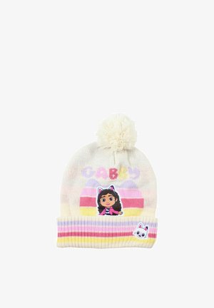 Bonnet en tricot crème avec pompon, bordure rayée pastel, dessin animé d'une fille avec des oreilles de chat, et petite patch blanche en forme de visage de chat sur la bordure.