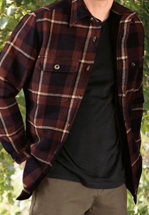 Hnědá a námořnicky modrá kostkovaná flanelová košile s knoflíkovým zapínáním a dvěma náprsními kapsami, nošená přes černé tričko.