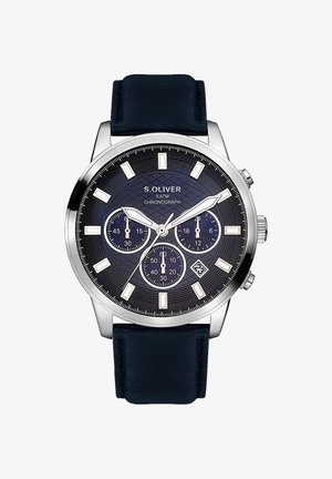 S. Oliver chronograph watch with black textured dial, silver case, white hour markers, three subdials, date display, and black leather strap.