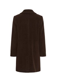 Manteau long en laine marron foncé vu de dos avec un col cranté et trois boutons sur chaque manchette, design épuré.