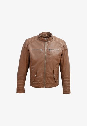 Brązowa skórzana kurtka z wystającym kołnierzem, przednim zamkiem, dwoma kieszeniami na piersi oraz prążkowanymi detalami na rękawach. Gładka tekstura i dopasowany krój.