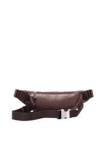 Rjava usnjena torbica za pas z gladko teksturo, predalom na zadrgo, nastavljivim platnenim trakom in srebrno kovinsko zaponko.