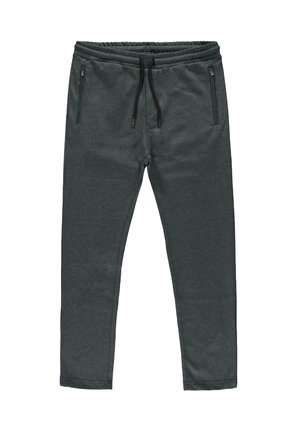 Donkergrijze sweatpants gemaakt van zachte stof, met een tailleband met trekkoord en twee ritszakken aan de zijkanten. Het ontwerp is taperend bij de enkels.
