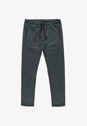 Donkergrijze sweatpants gemaakt van zachte stof, met een tailleband met trekkoord en twee ritszakken aan de zijkanten. Het ontwerp is taperend bij de enkels.