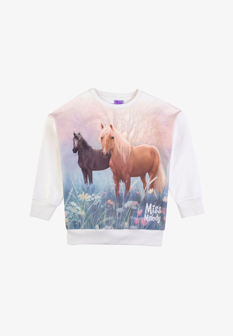 White sweatshirt featuring a large front print of two horses in a grassy field, surrounded by flowers. "Miss Melody" text is visible.