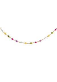 Halskette aus vergoldetem Metall mit mehrfarbigen Perlen in Pink, Grün, Gelb, Blau und Lila, die in einem verteilten Muster angeordnet sind.