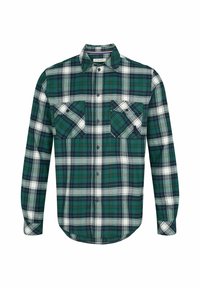 Grön, marinblå och vit rutig skjorta med lång ärm, knappslå med knappar, två knappförsedda bröstfickor och krage.