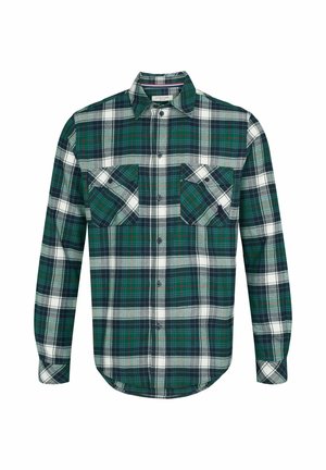 Zaļš, tumši zils un balts pleds krekls ar garām piedurknēm, pogājams priekšpusē, ar divām krūšu kabatām ar pogām un apkakli.