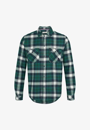 Vihreä, laivastonsininen ja valkoinen ruudullinen pitkähihainen nappikauluspaita, jossa kaksi napillista rintataskua ja kaulus.