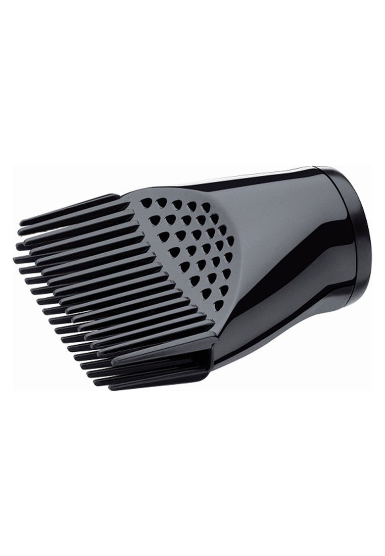 Accessoire de peigne pour sèche-cheveux en plastique noir, avec des dents larges et espacées de manière uniforme et des trous de ventilation sur le côté.