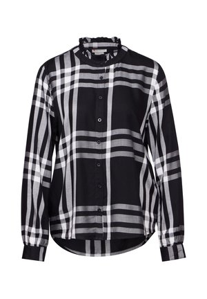 Camisa a cuadros en blanco y negro con cuello rizado, mangas largas, cierre de botones y dobladillo curvado. Material de algodón con una textura suave.