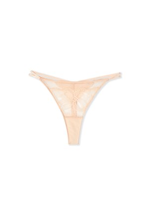 Perizoma in pizzo nude con ricamo floreale e doppie sottili fascette laterali su sfondo bianco.